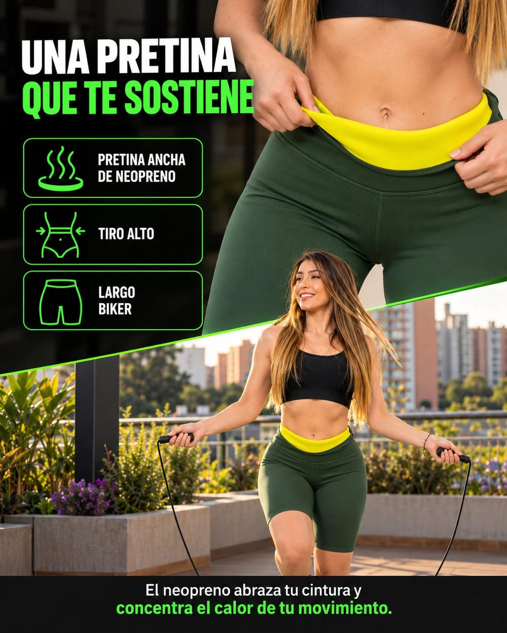 Biker Leggins Faja Neopreno Verde Militar pretina