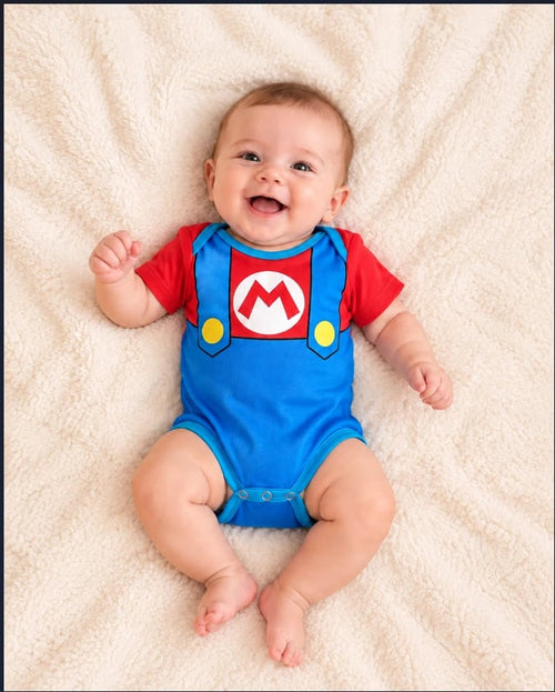 Bebé con el body de disfraz de Mario